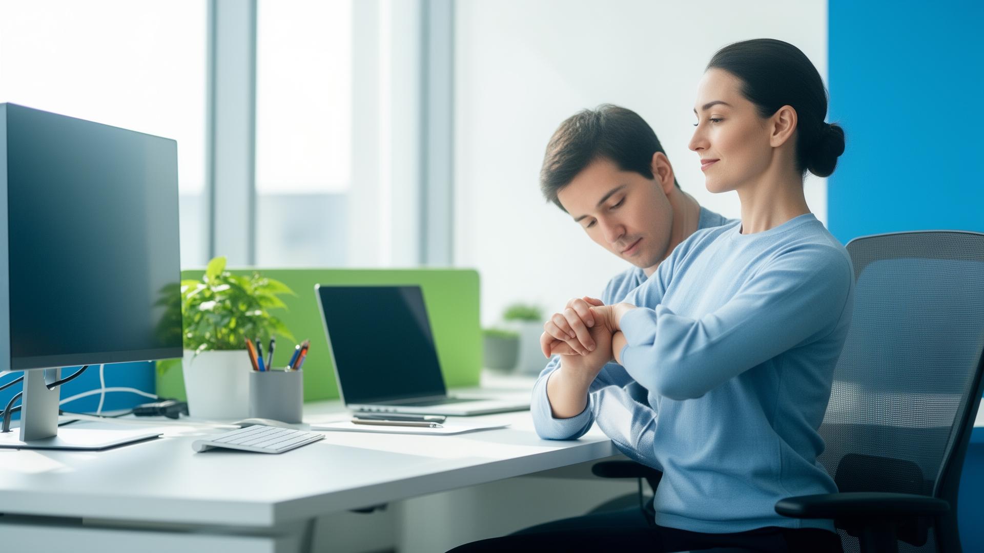 Medewerker doet een korte routine aan een ergonomisch bureau