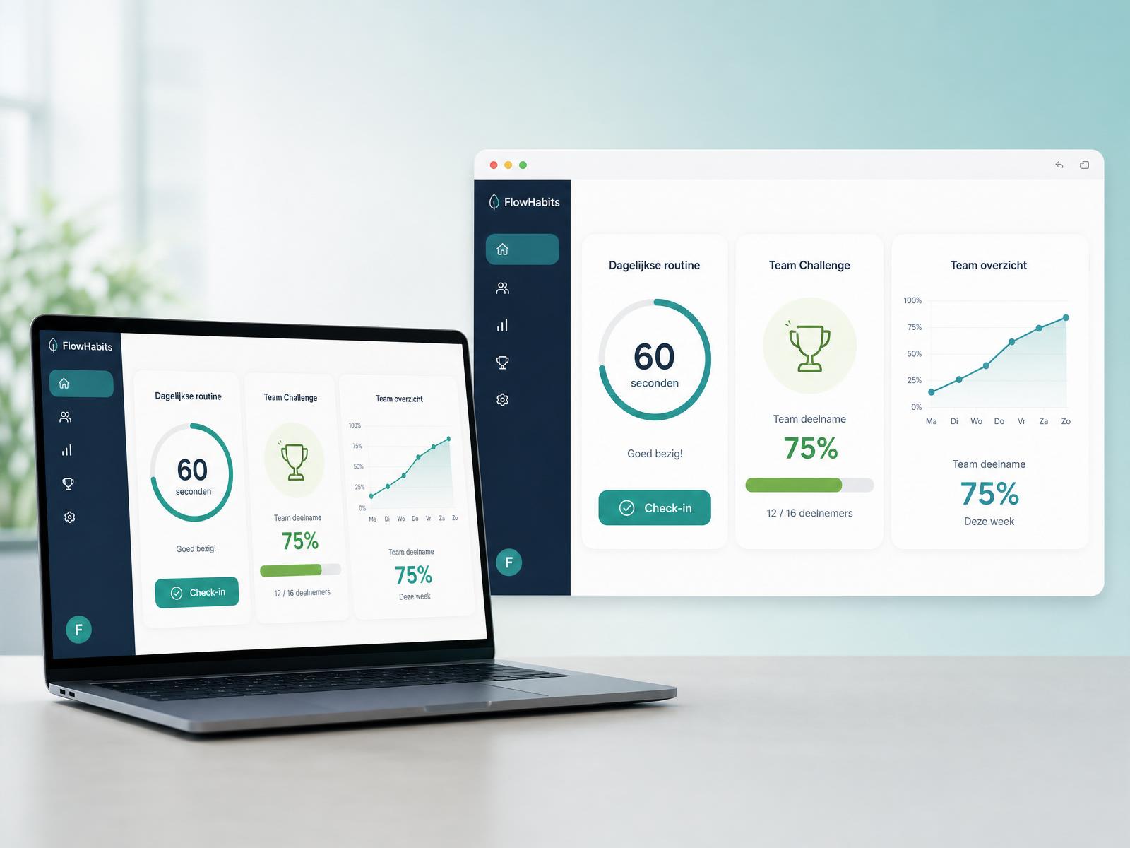 FlowHabits platform met dagelijkse routine, team challenge en teamoverzicht