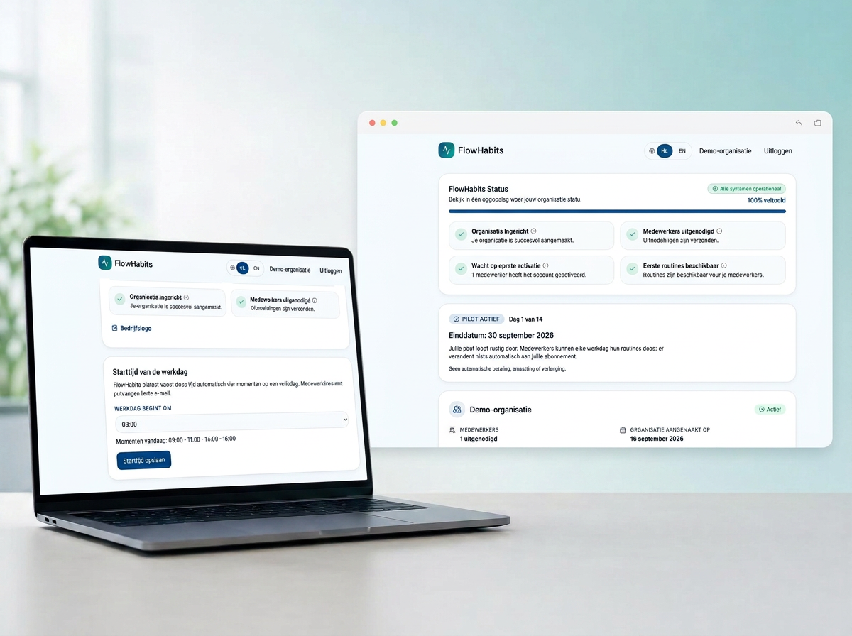 FlowHabits-beheeromgeving met organisatiestatus, pilotstatus en werkdaginstellingen